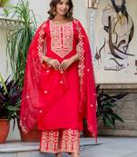 Floral embroidered silk round neck kurta trouser & dupatta set