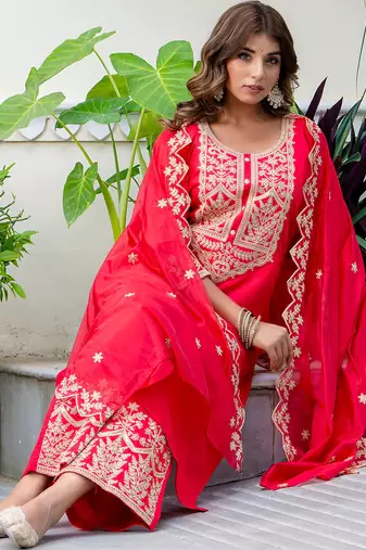 Floral embroidered silk blend round neck kurta trouser & dupatta set