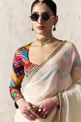 ivory tissue glass saree with blouse