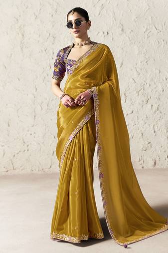 gold tissue glass saree with blouse