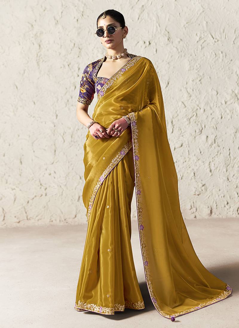 gold tissue glass saree with blouse