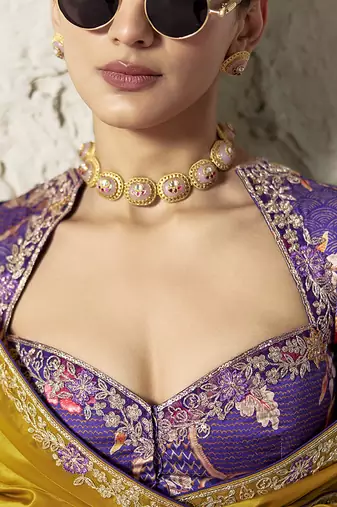 gold tissue glass saree with blouse