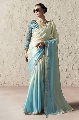 white & sky blue tissue glass saree with blouse