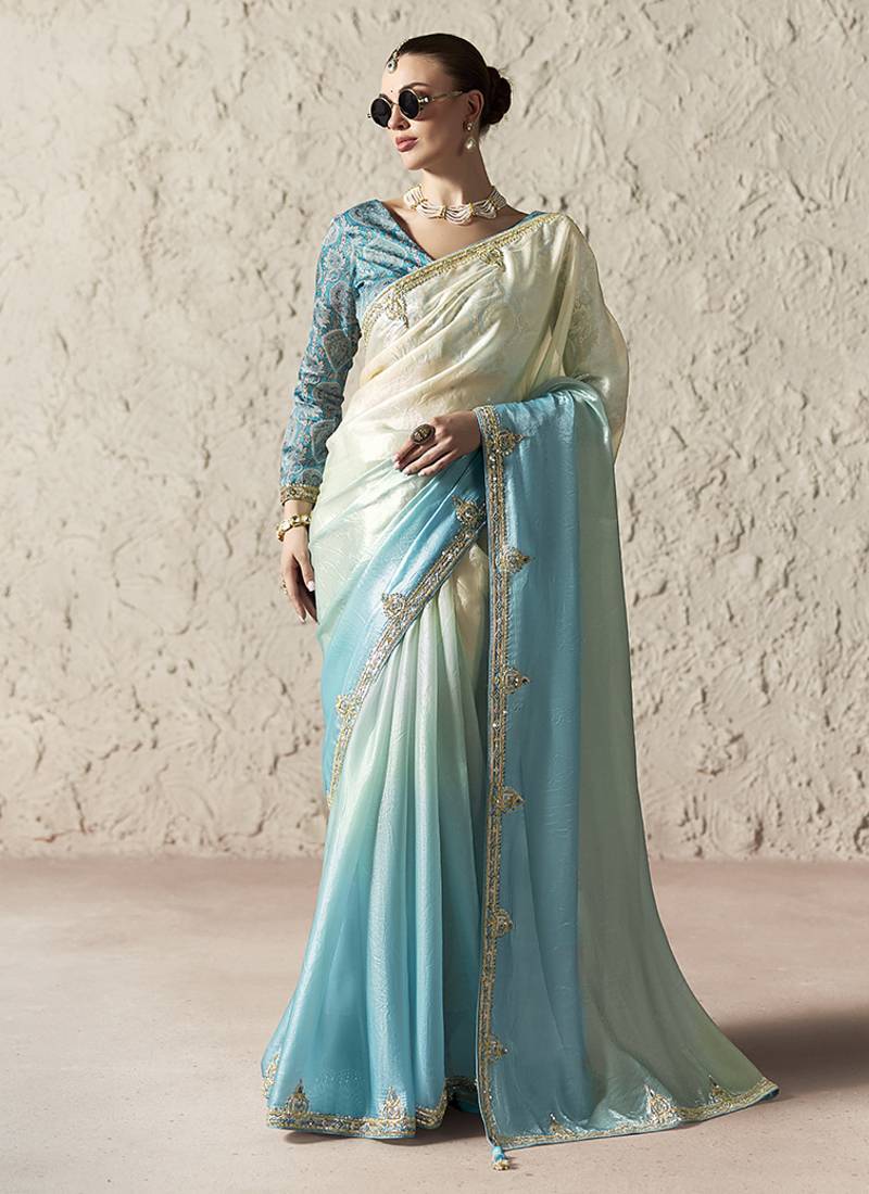 white & sky blue tissue glass saree with blouse
