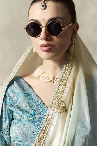 white & sky blue tissue glass saree with blouse