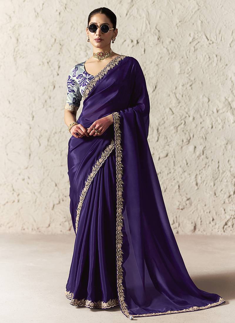 dark purple tissue glass saree with blouse