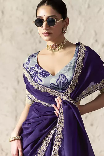 dark purple tissue glass saree with blouse