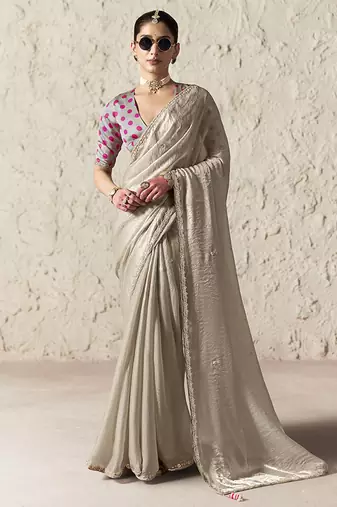light beige tissue glass saree with blouse