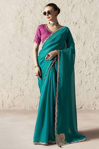 teal tissue glass saree with blouse