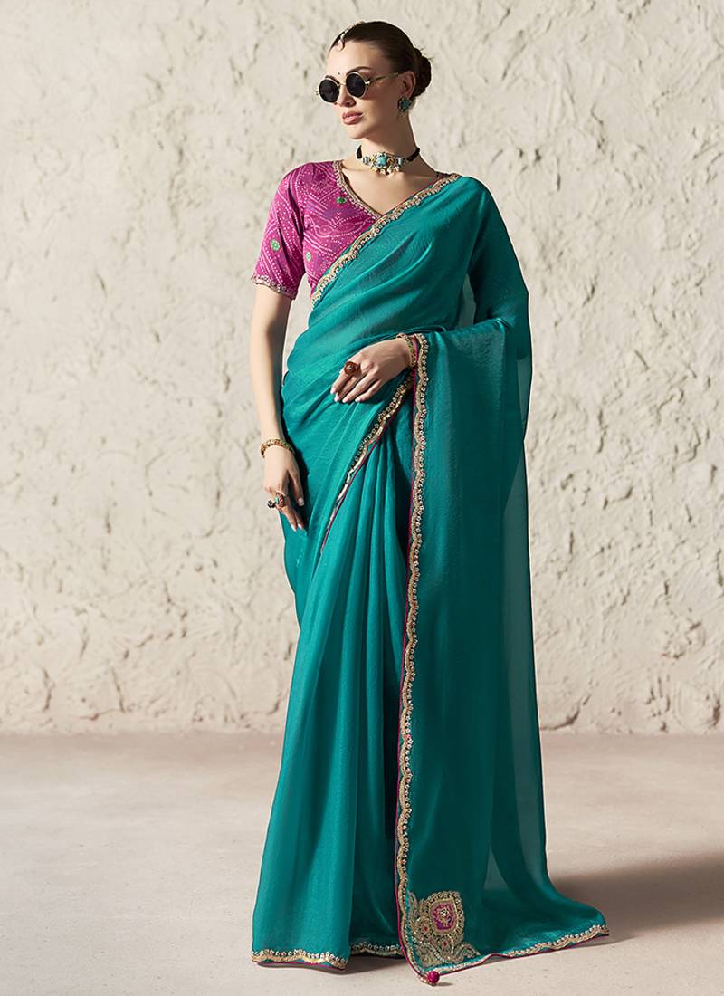 teal tissue glass saree with blouse