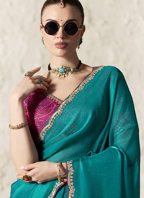 teal tissue glass saree with blouse 2