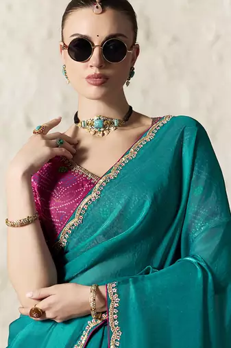 teal tissue glass saree with blouse