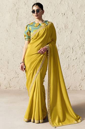 yellow tissue glass saree with blouse