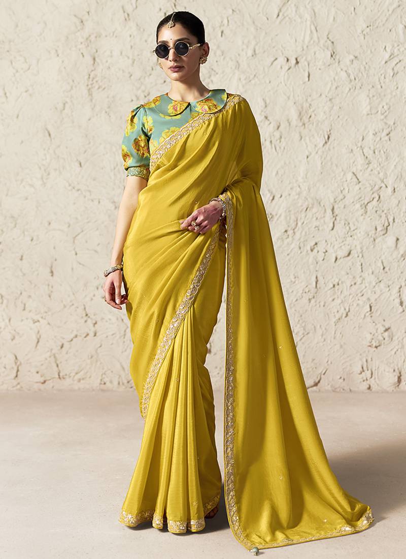 yellow tissue glass saree with blouse