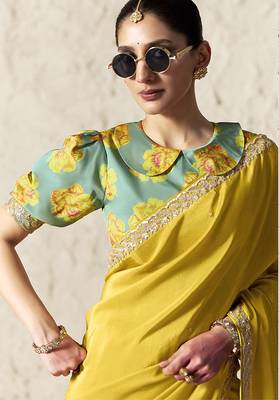 yellow tissue glass saree with blouse 2