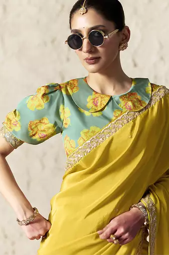 yellow tissue glass saree with blouse