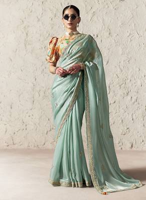 light sky blue tissue glass saree with blouse 1