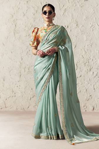 light sky blue tissue glass saree with blouse