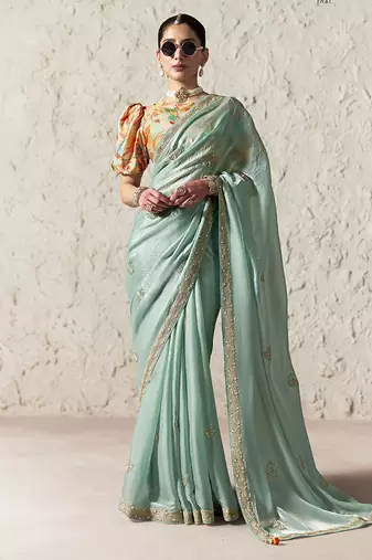 light sky blue tissue glass saree with blouse