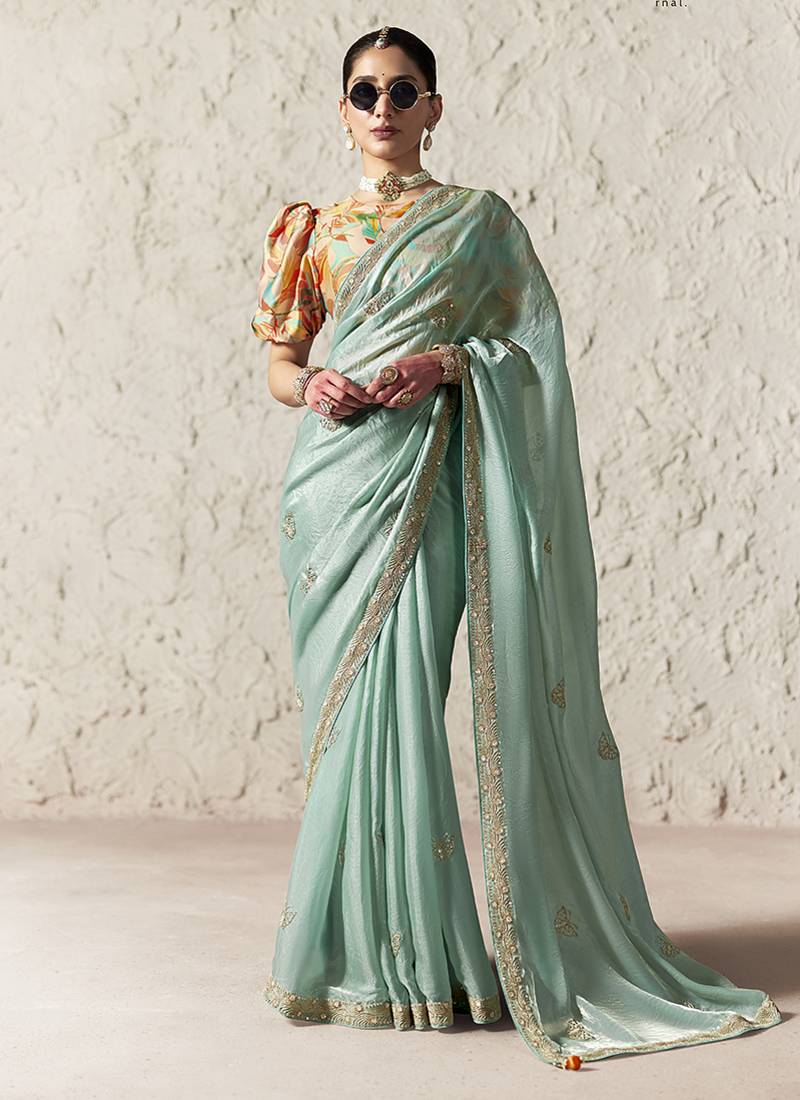 light sky blue tissue glass saree with blouse