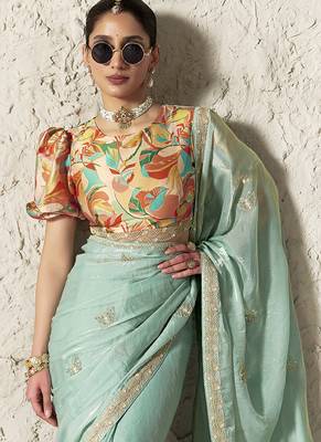 light sky blue tissue glass saree with blouse 2