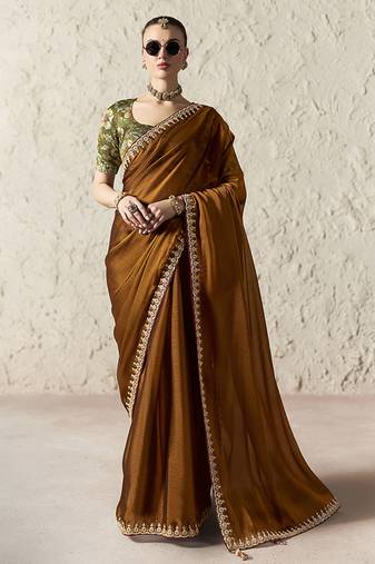 brown tissue glass saree with blouse