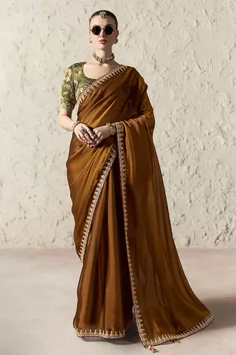 Brown party wear tissue glass saree with embroidered printed blouse