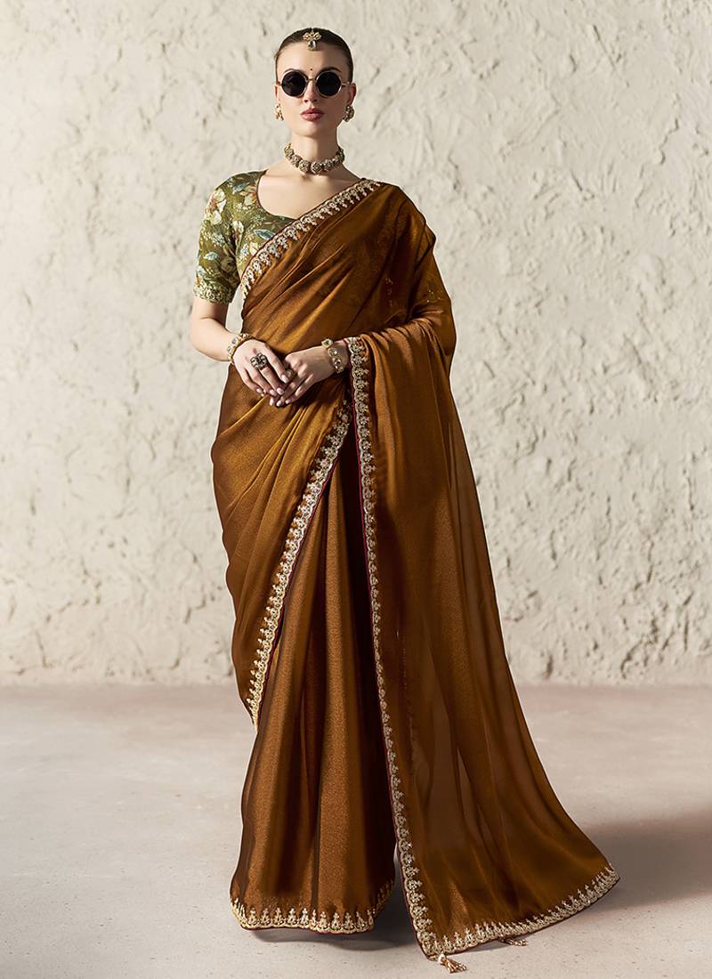 brown tissue glass saree with blouse