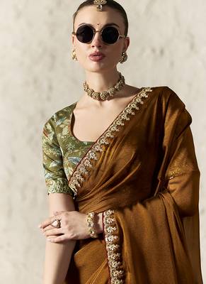 brown tissue glass saree with blouse 2