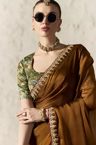 brown tissue glass saree with blouse