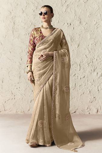 beige tissue glass saree with blouse