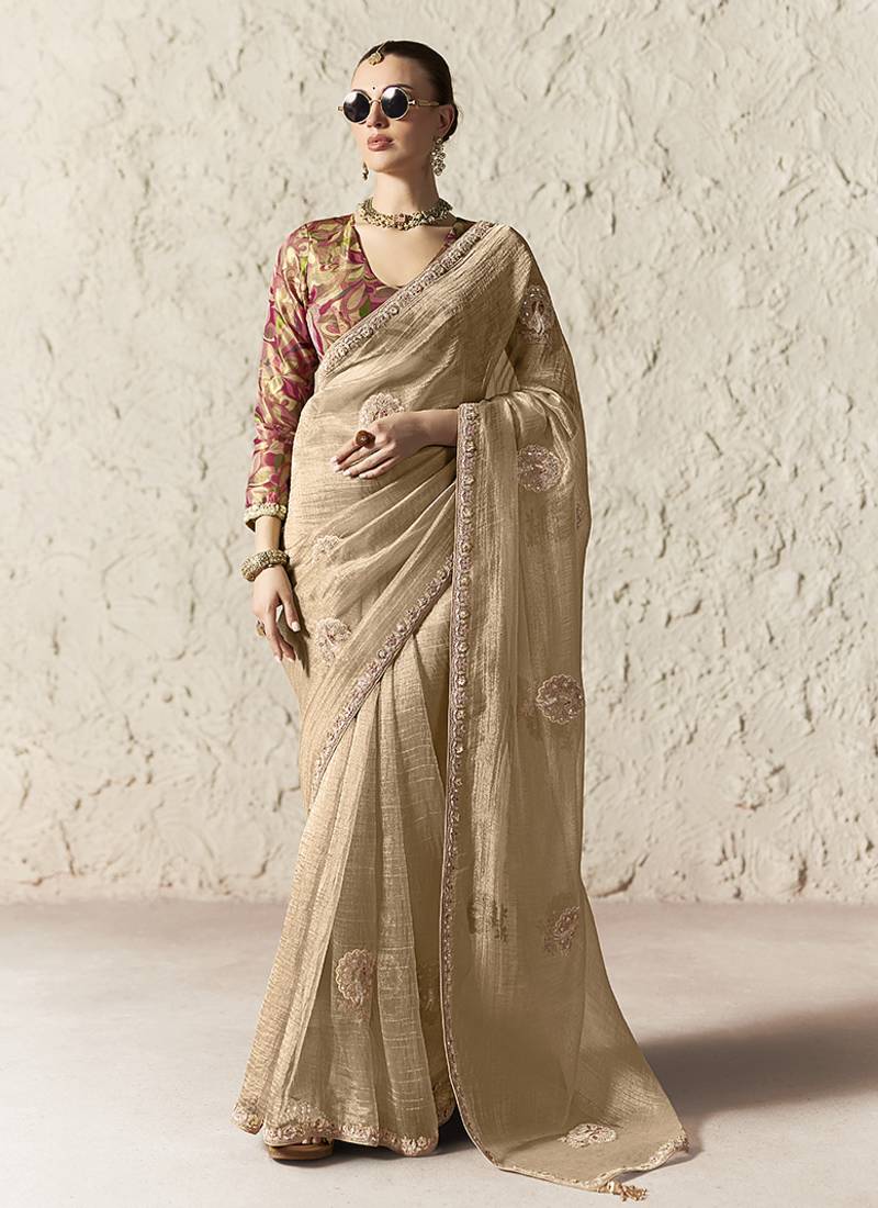 beige tissue glass saree with blouse