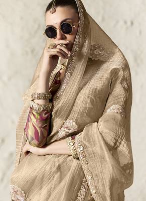 beige tissue glass saree with blouse 2