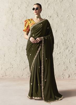 dark mehendi tissue glass saree with blouse 1