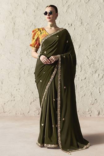 dark mehendi tissue glass saree with blouse