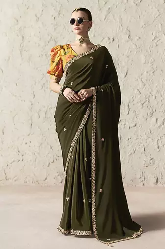 dark mehendi tissue glass saree with blouse