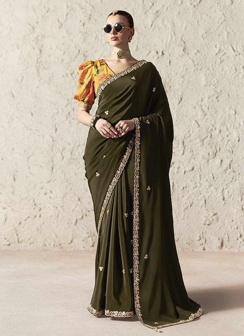 dark mehendi tissue glass saree with blouse
