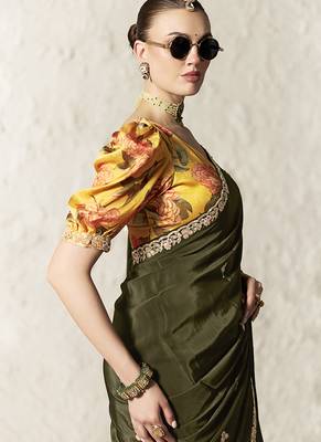 dark mehendi tissue glass saree with blouse 2