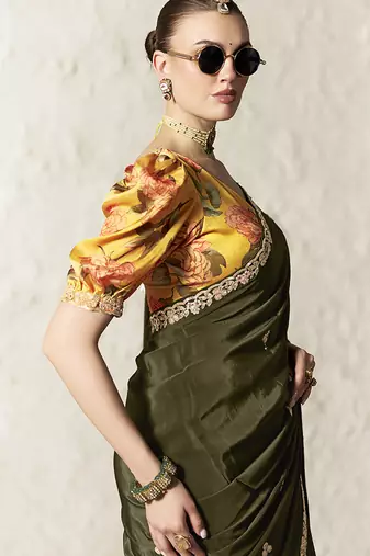dark mehendi tissue glass saree with blouse