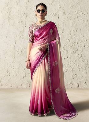 pink & cream tissue glass saree with blouse 1