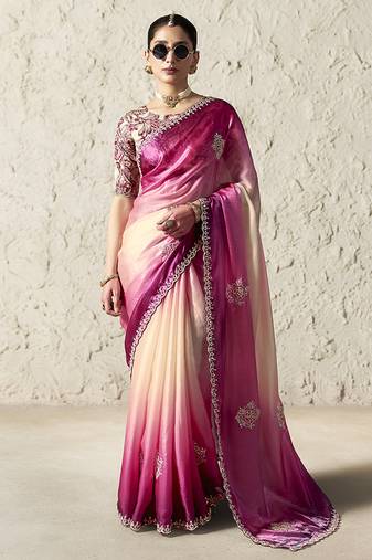 pink & cream tissue glass saree with blouse