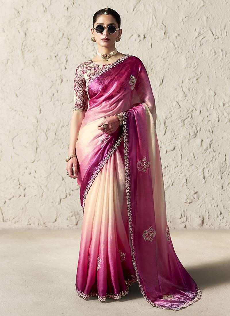 pink & cream tissue glass saree with blouse