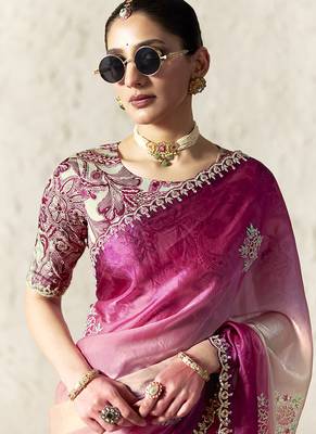 pink & cream tissue glass saree with blouse 2