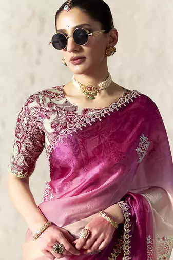 pink & cream tissue glass saree with blouse