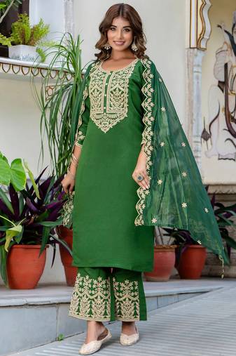 Floral embroidered silk blend round neck kurta trouser & dupatta set