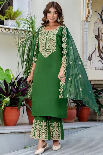 Floral embroidered silk round neck kurta trouser & dupatta set