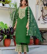 Floral embroidered silk round neck kurta trouser & dupatta set