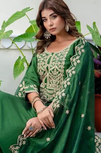 Floral embroidered silk blend round neck kurta trouser & dupatta set