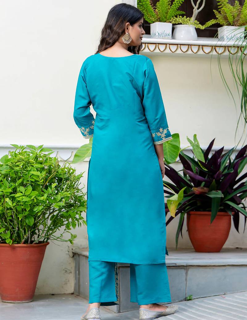Floral embroidered silk round neck kurta trouser & dupatta set