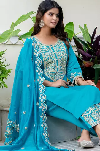 Floral embroidered silk blend round neck kurta trouser & dupatta set